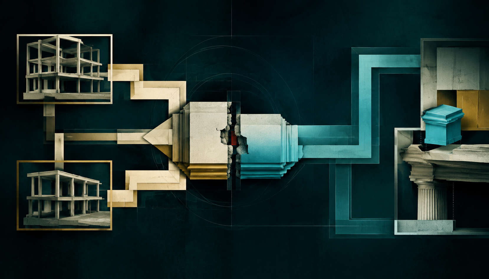 Two cream-gold and cyan architectural routes meet at a broken joint in a dark teal workshop