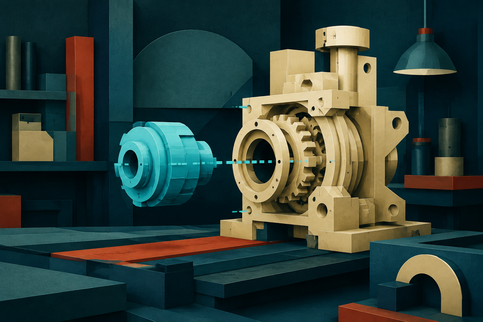 A cyan component approaches a cream-gold mechanical assembly in a dark teal workshop