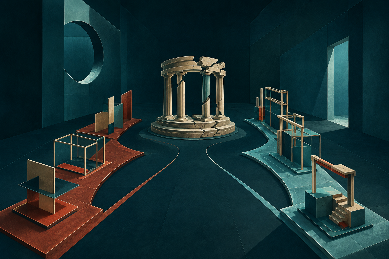 Two abstract routes arrive at a shared damaged architectural installation in a dark teal room