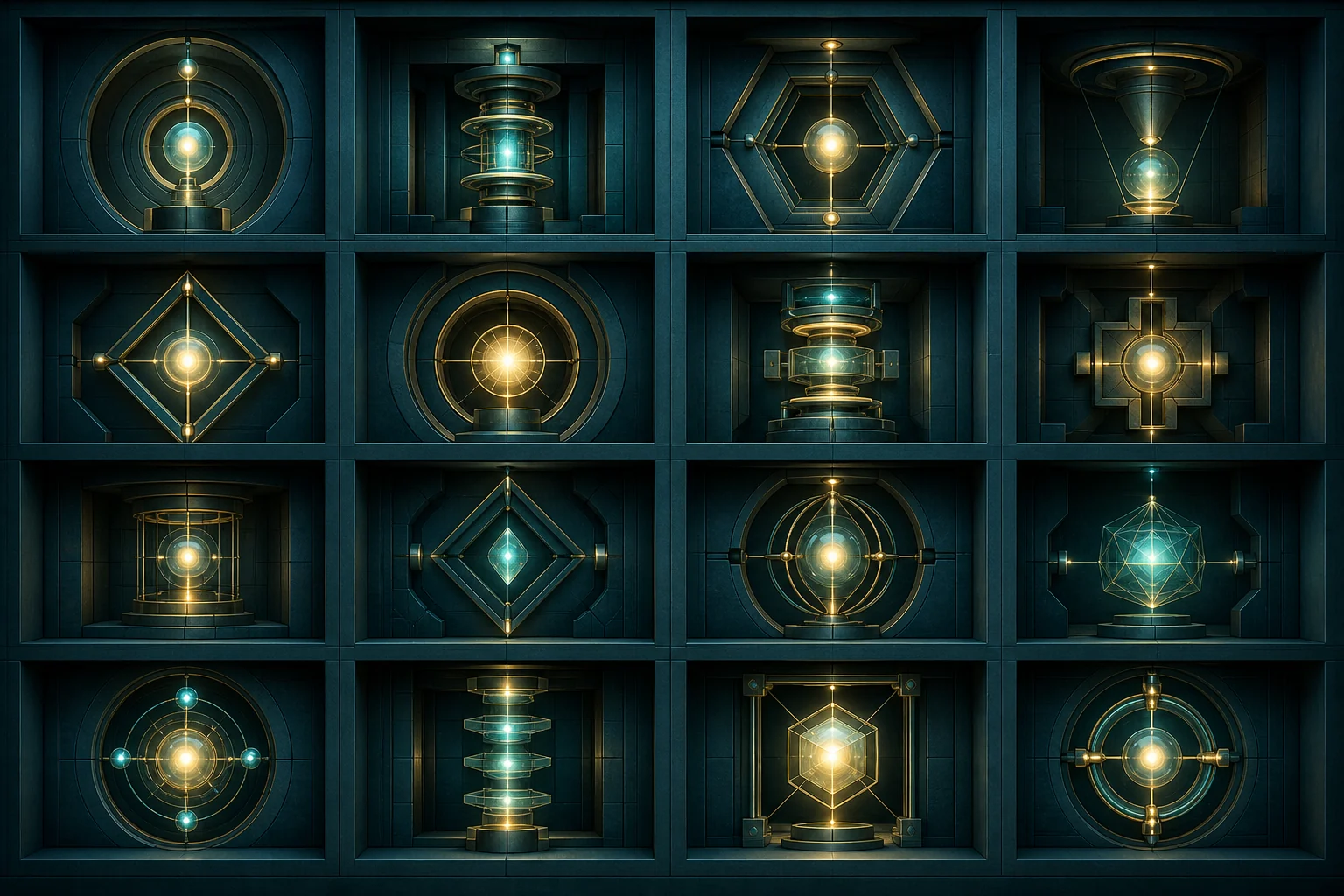 A clean four by four grid of sixteen abstract glowing chambers, each representing a different mobilising pressure point