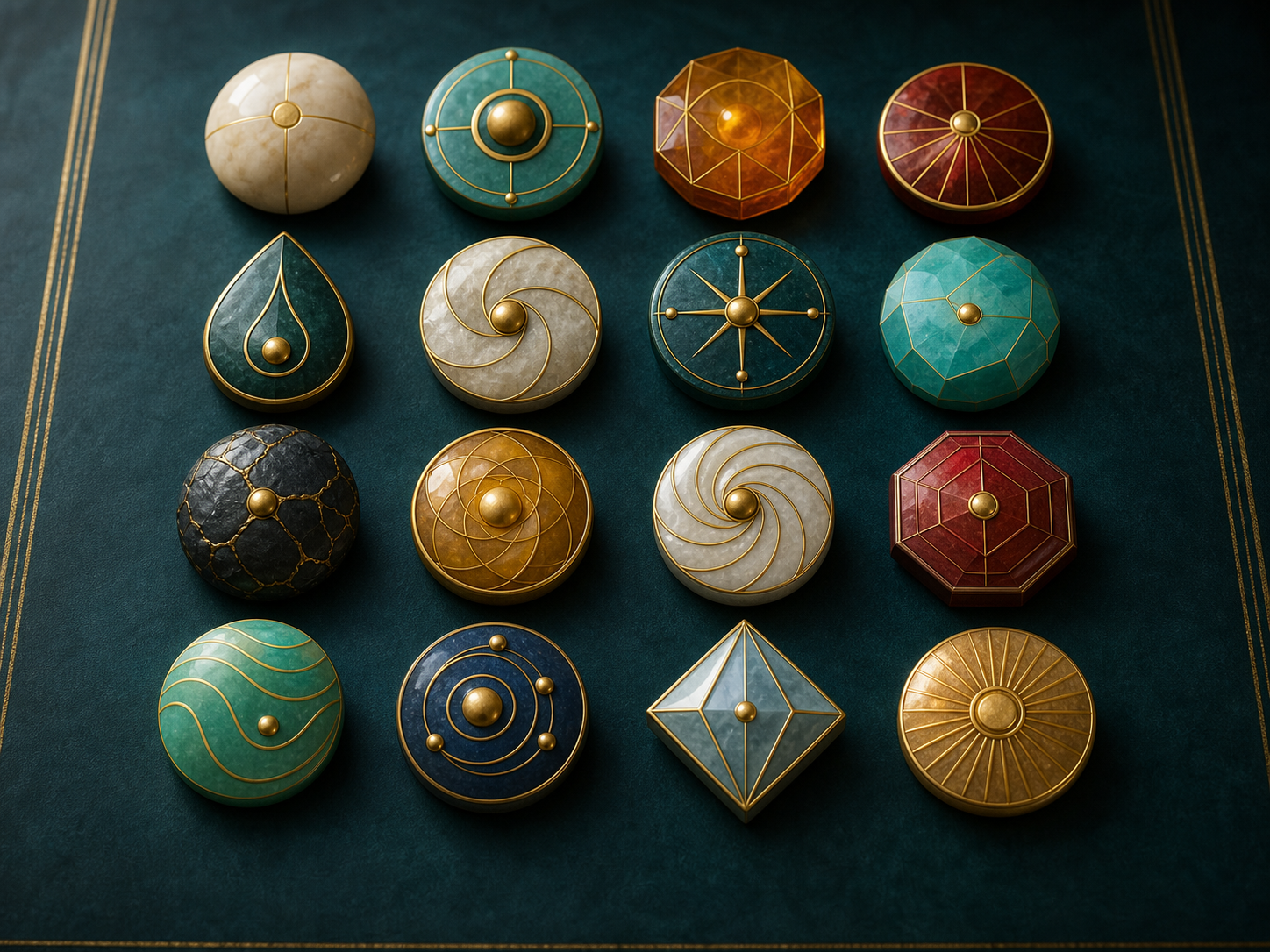 Sixteen polished abstract tokens arranged in a clean four by four grid on a dark teal archive table