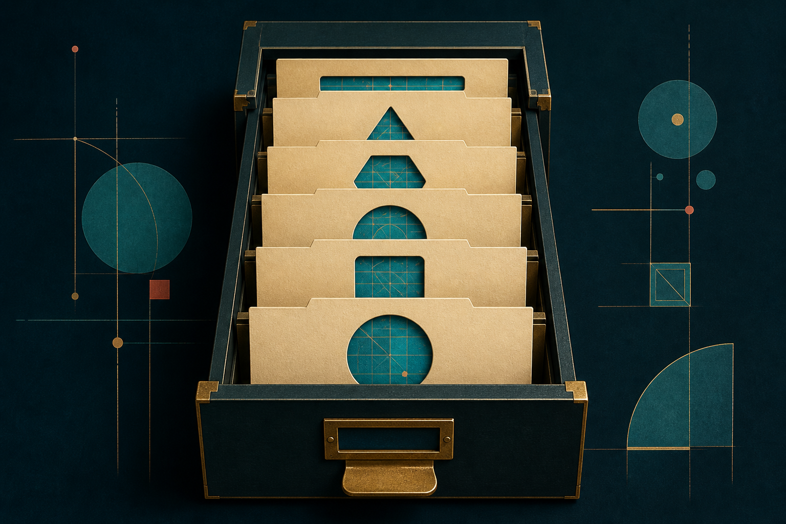A dark teal archive drawer holds cream-gold cards with different windows onto the same cyan geometric field