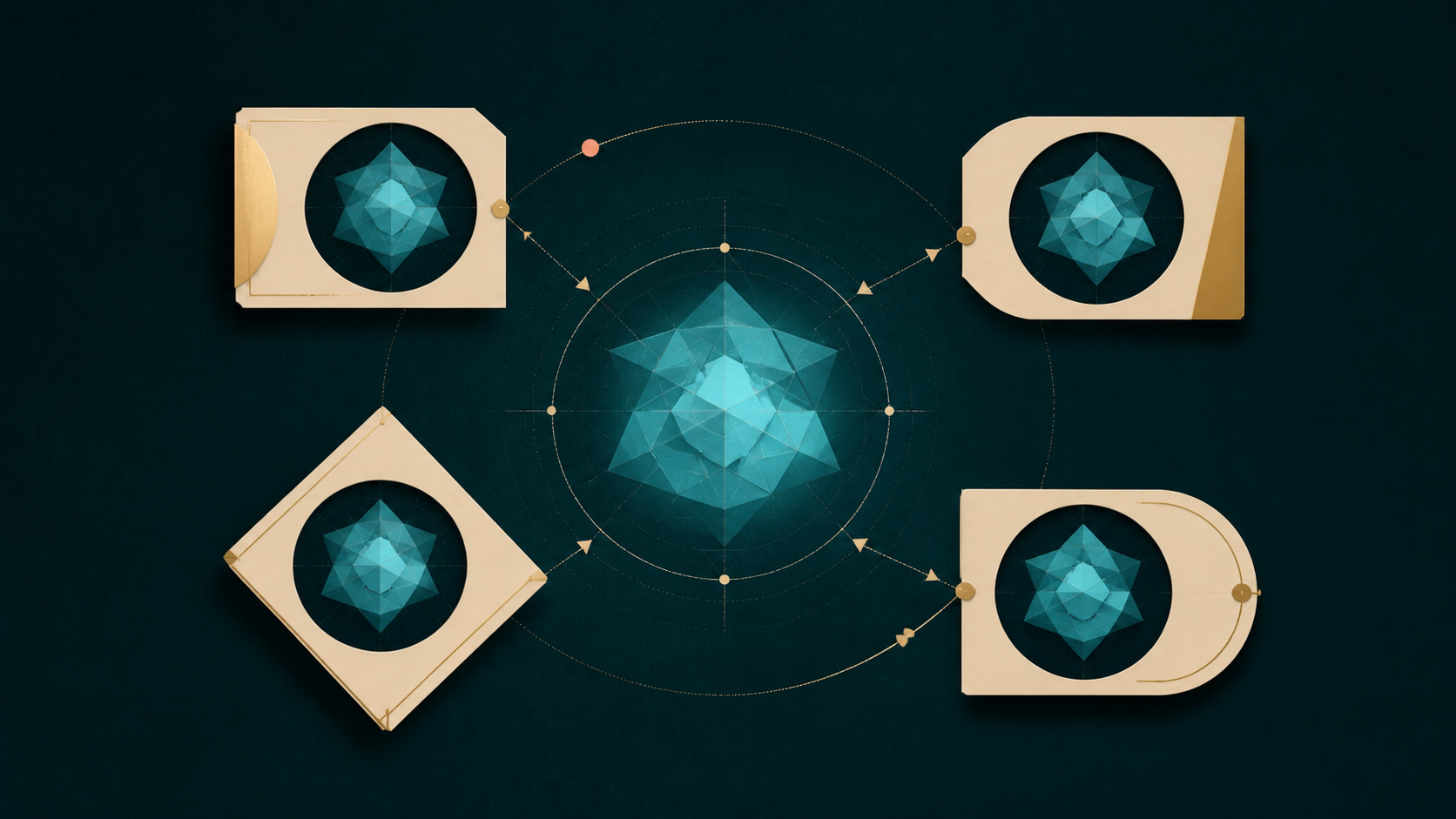 One cyan geometric core appears through four different cream-gold viewing frames on a dark teal field