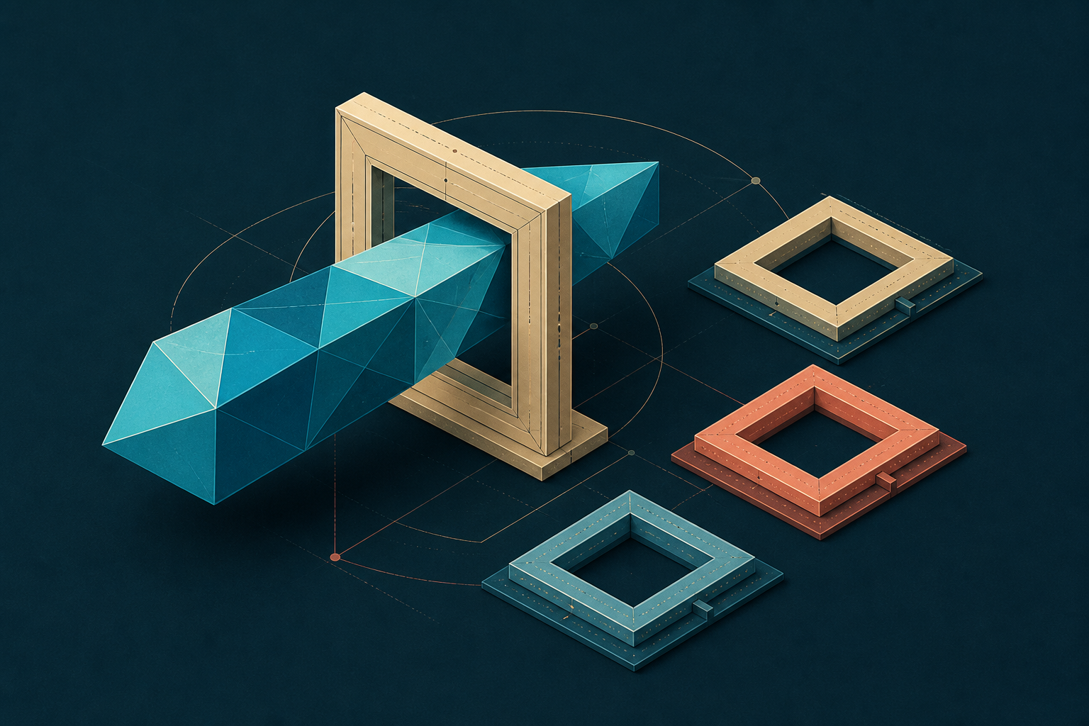 A cyan faceted form passes through a cream-gold calibration frame while alternate frames rest on a dark teal field