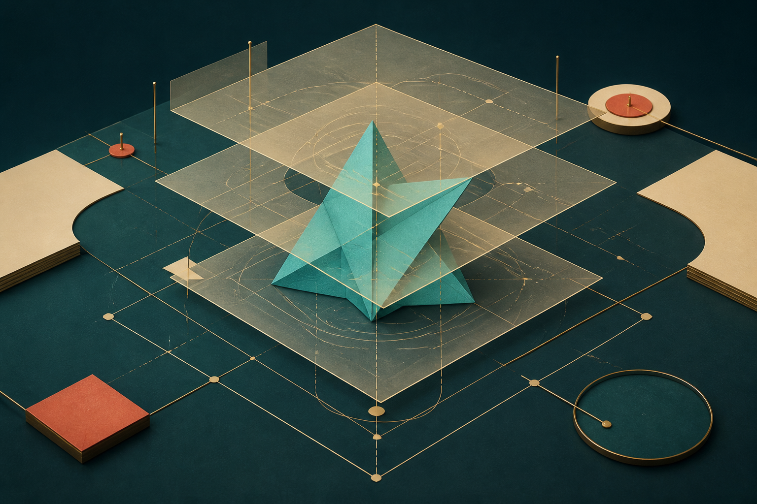 A cyan folded geometric form remains steady beneath three shifted transparent cream-gold overlays on a dark teal desk
