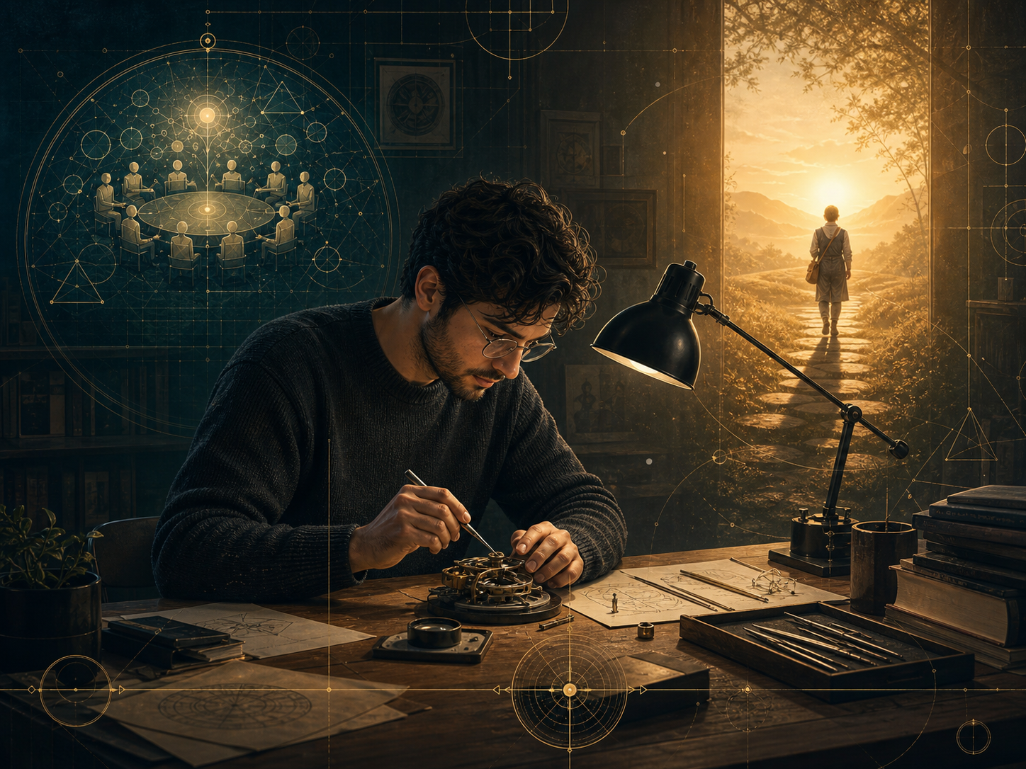 A skilled task performed under a separate inner light, suggesting competence without devotion