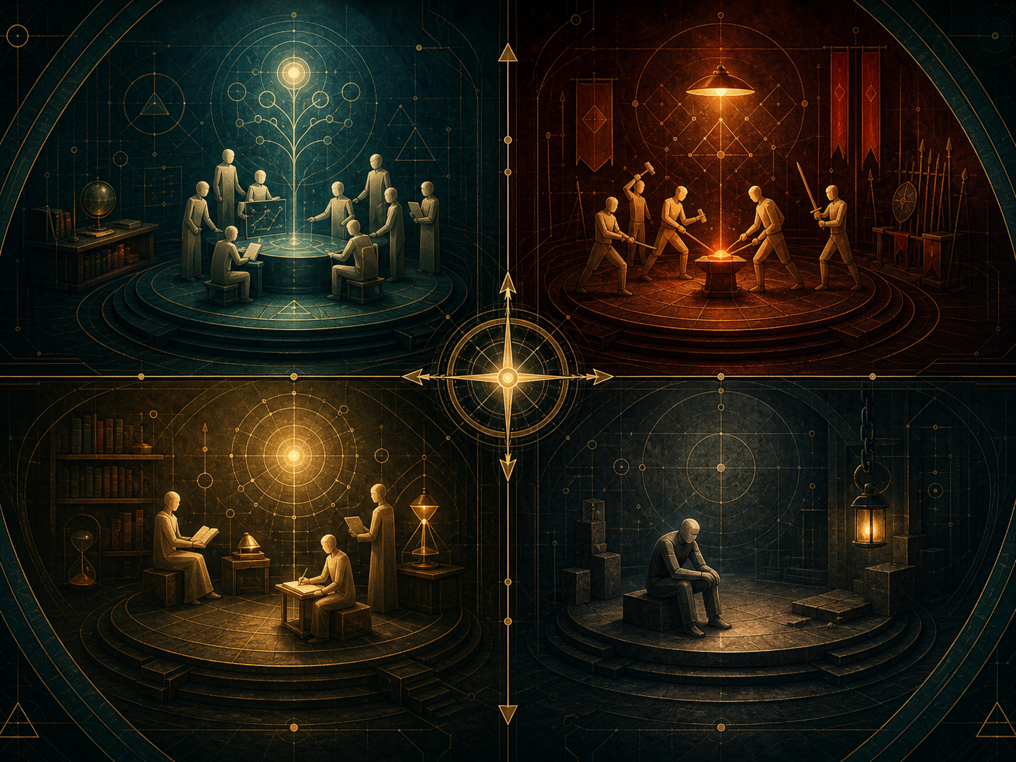 Four symbolic stations for strong and valued, strong but unvalued, weak but valued, and weak and unvalued functions