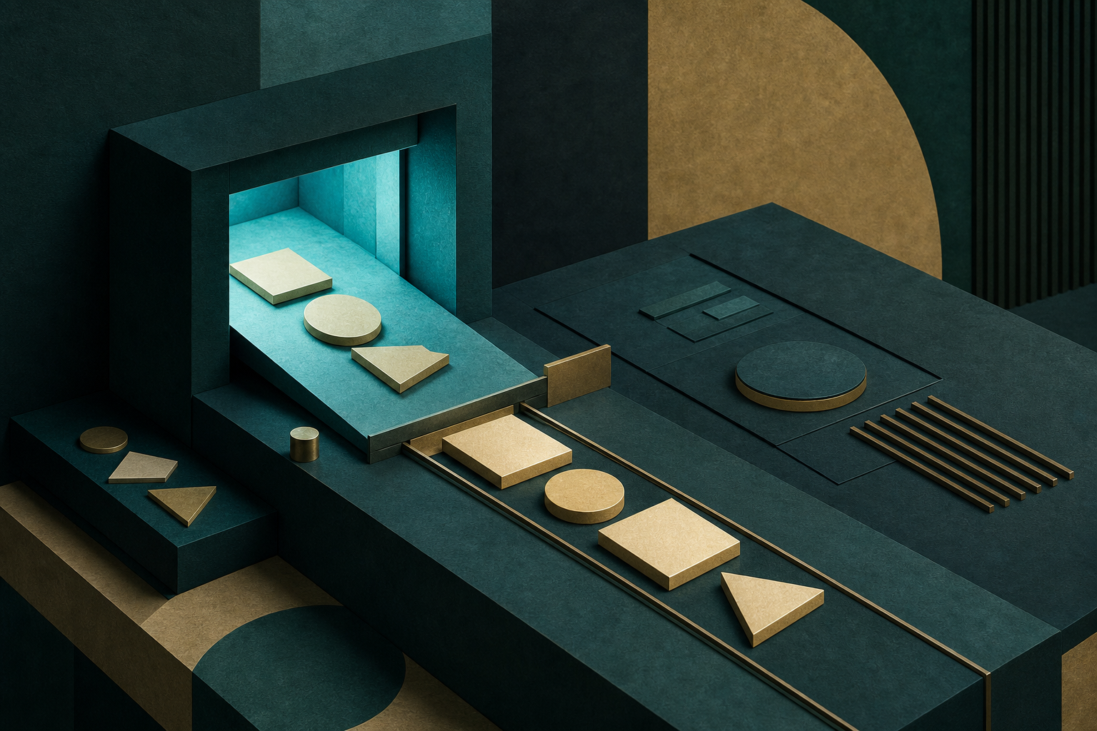 A cyan open aperture and cream-gold geometric pieces arranged on a dark teal observation desk