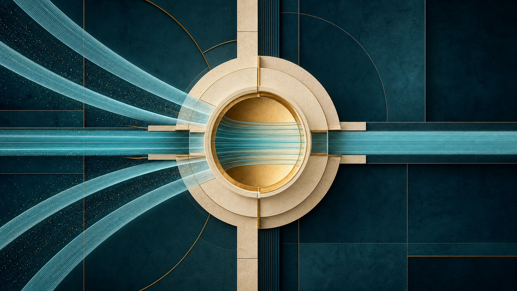 Cyan streams passing into a cream-gold receiving chamber on a dark teal field