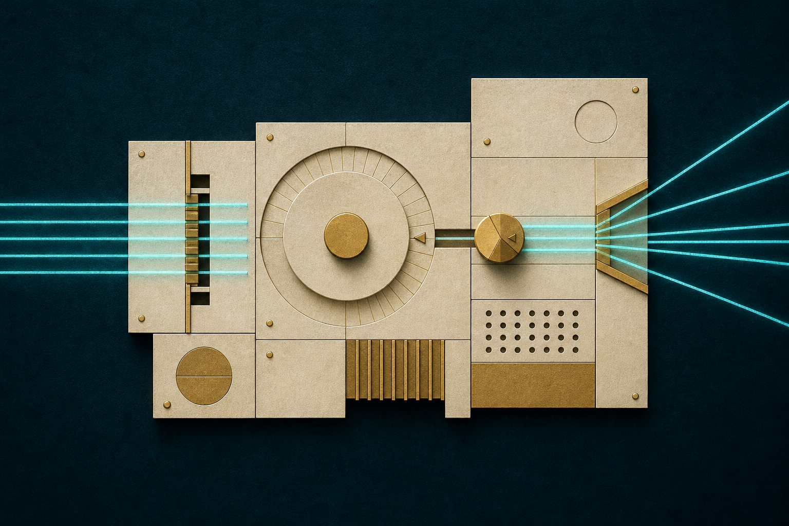 Cream-gold instrument panel receiving cyan reference beams on a dark teal field