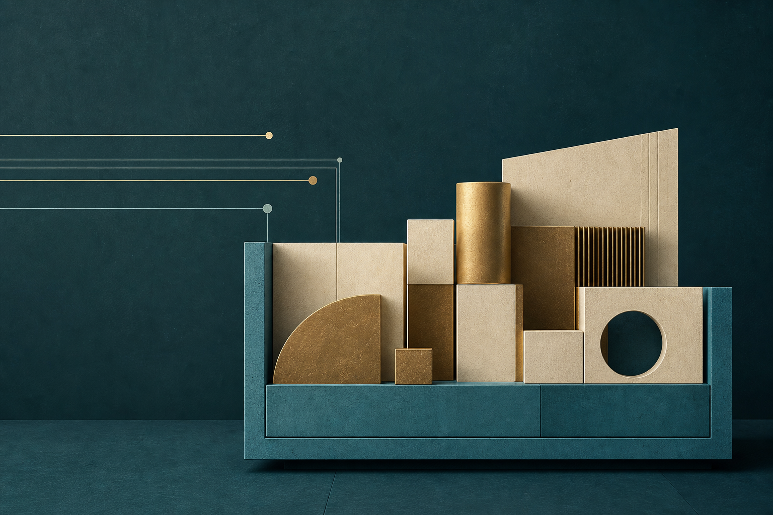 Cream-gold components resting securely in a cyan frame on a dark teal field