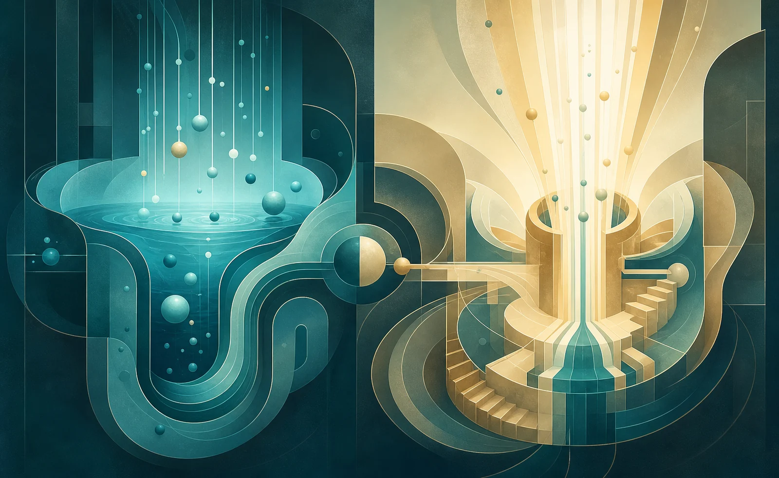Two connected abstract chambers, one calm cyan reservoir and one brighter gold-cyan engine, representing two Super-Id positions