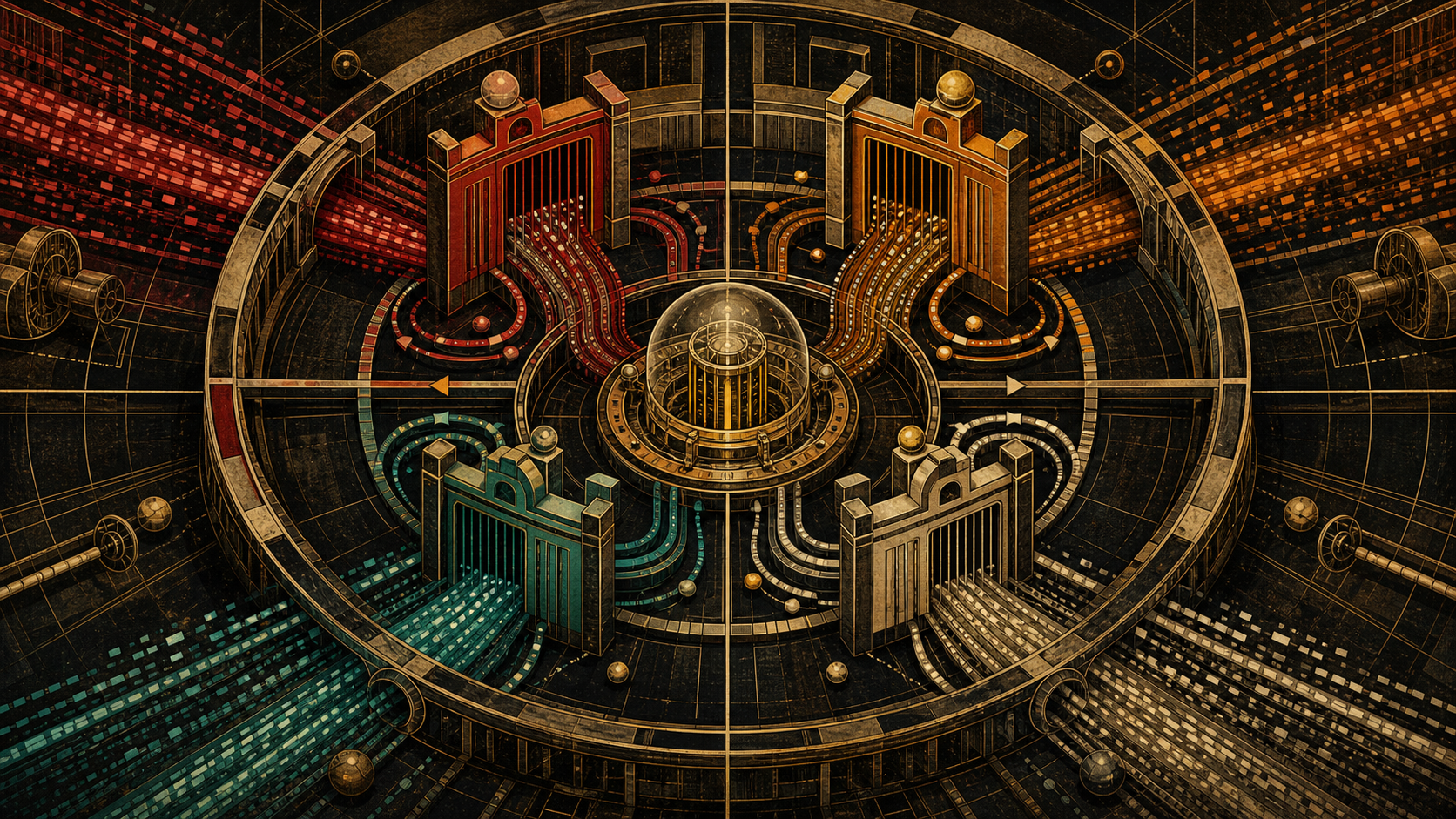 A four-quadrant constructivist machine showing different information streams being filtered around a protected core