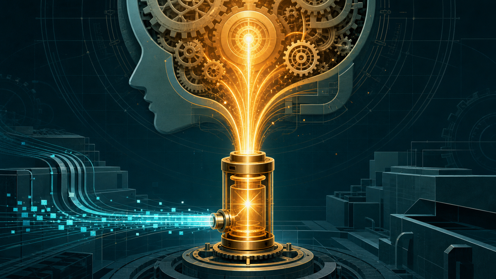 A glowing battery-like ignition chamber receiving data and sending energy upward into a mental engine, representing the Mobilising function