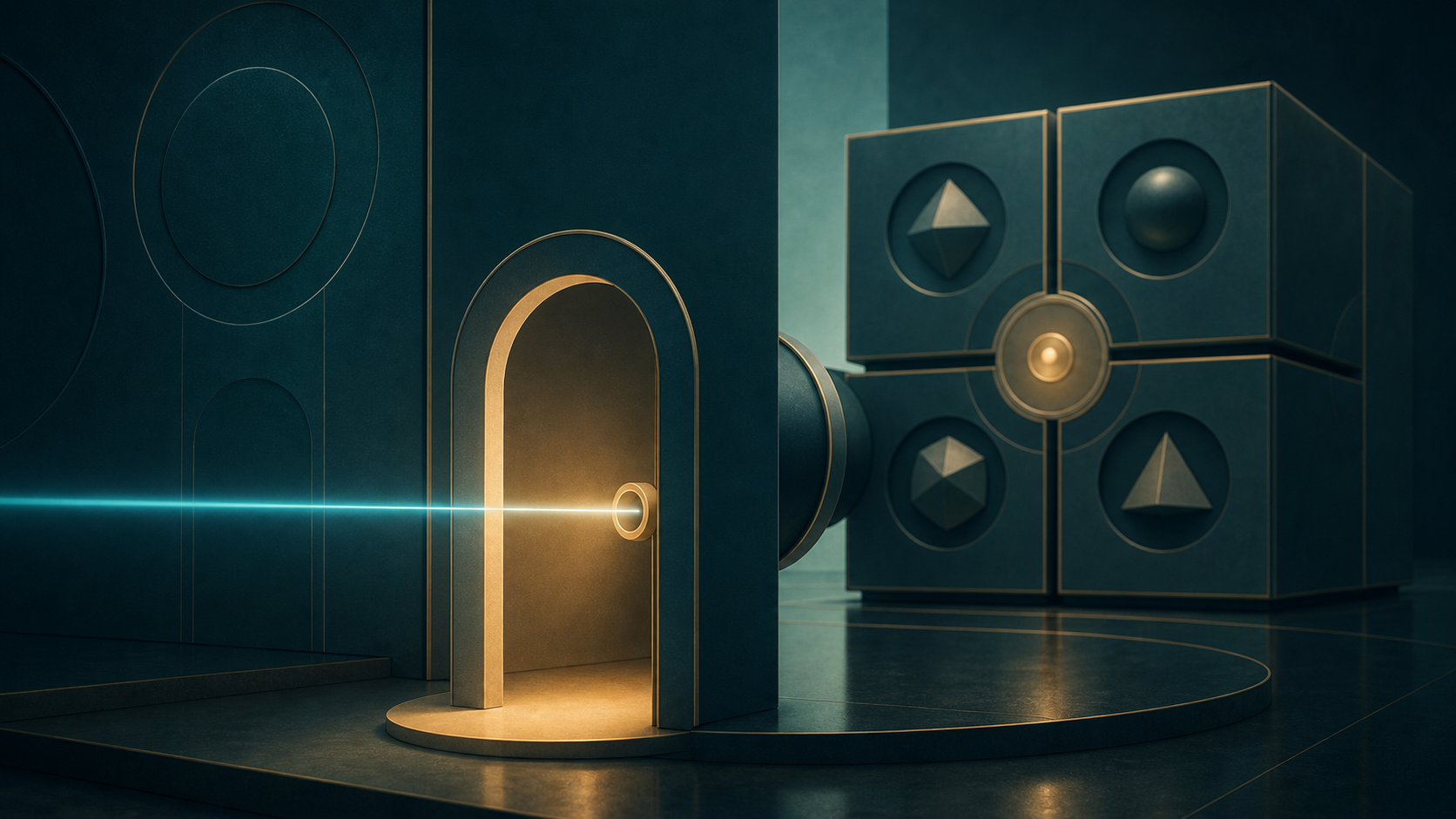 An open golden intake doorway receiving a clean cyan information stream, representing the Suggestive function