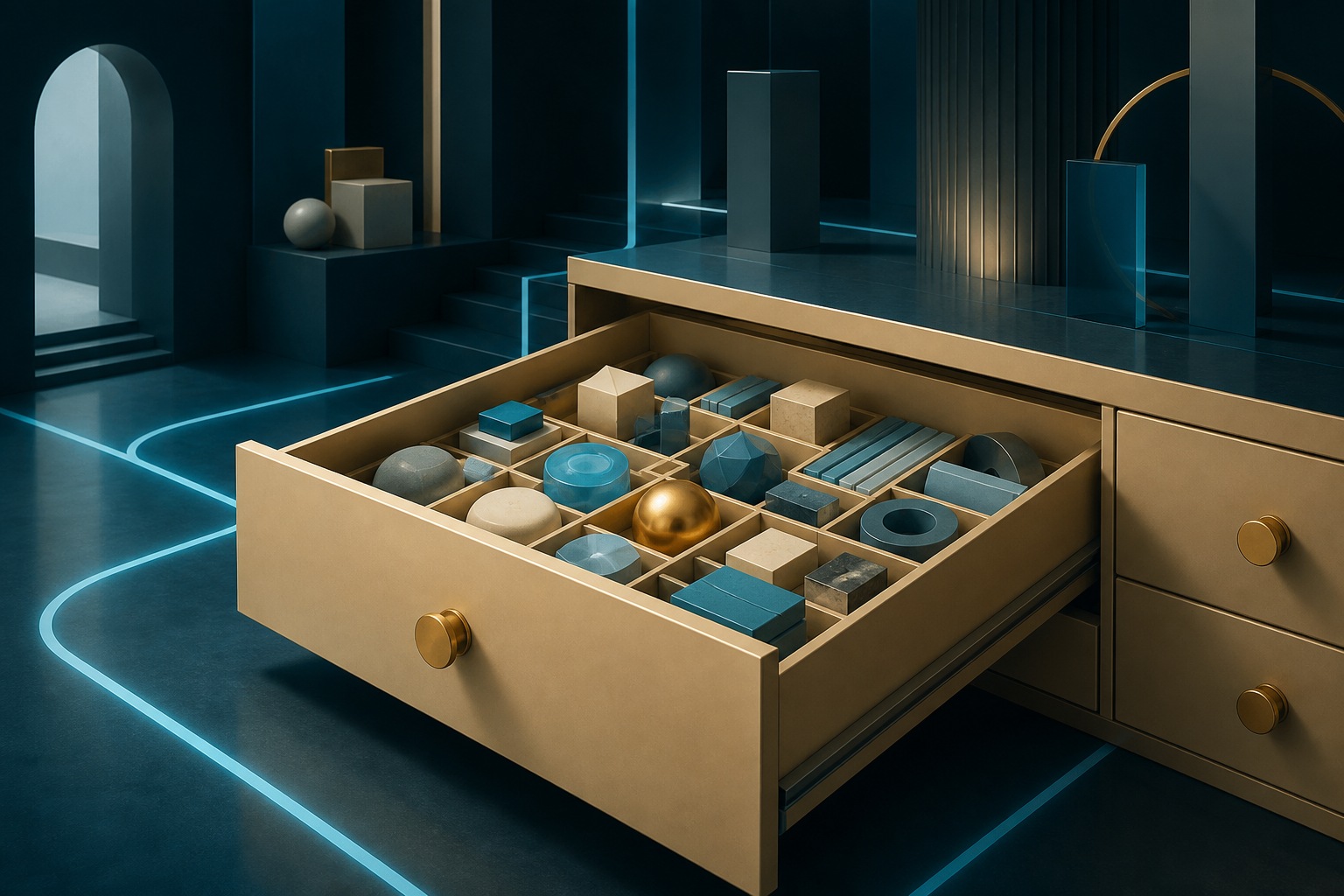 An open cream-gold archive drawer holds varied cyan and neutral geometric evidence pieces, including one polished gold token returned to the collection