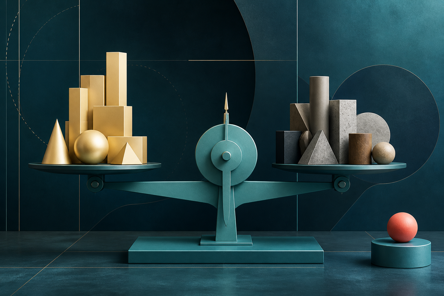 A cyan balance compares a polished cream-gold assembly with a varied neutral assembly, while a coral counterweight sits apart