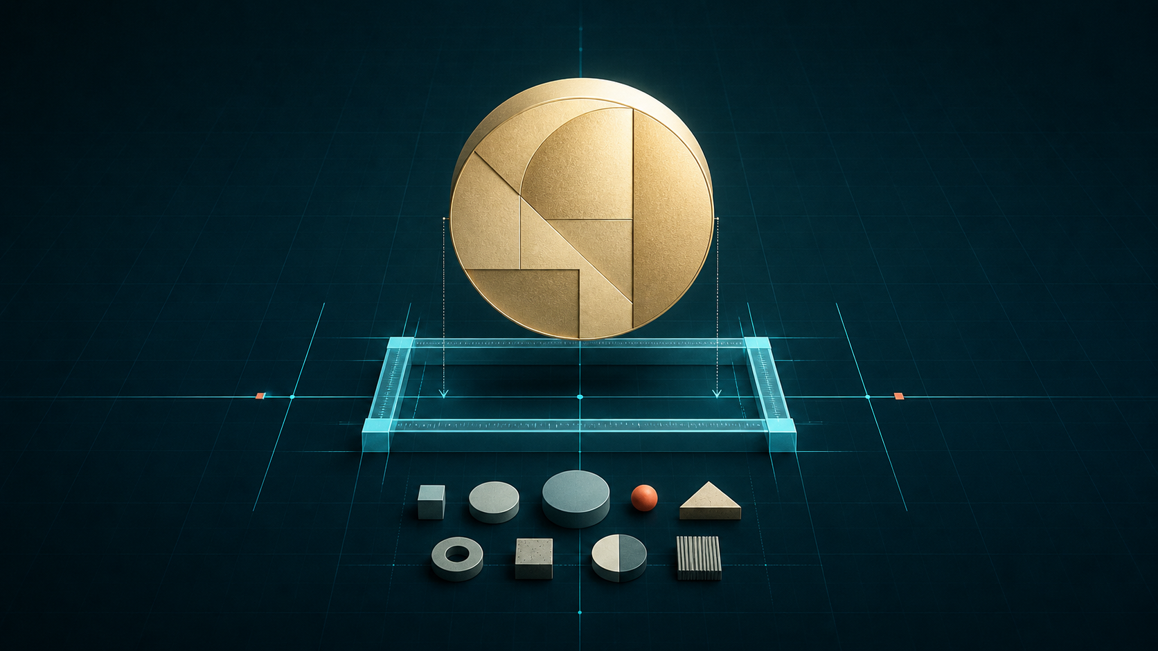 A cream-gold medallion held above a cyan measuring frame and neutral geometric evidence tokens on a dark teal field
