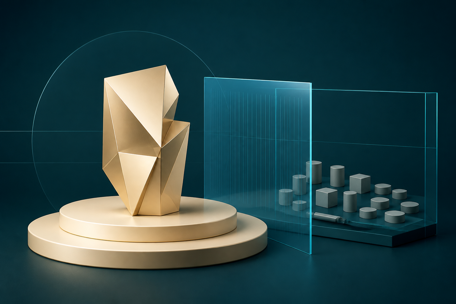 A polished cream-gold geometric form on a pedestal beside a cyan observation chamber containing ordinary neutral pieces