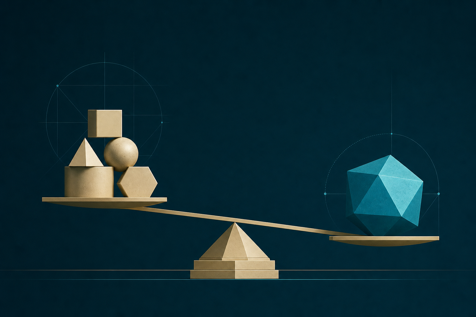A cream-gold balance with confirming geometric specimens on one side and a single heavy cyan exception on the other
