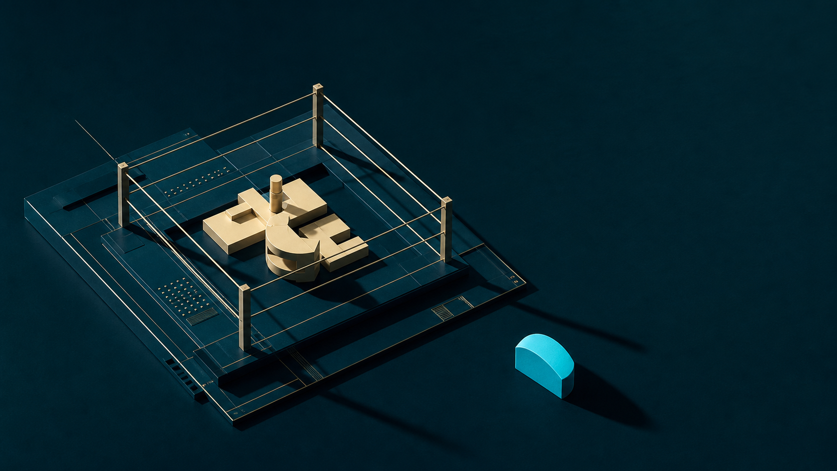 A cream-gold geometric model on a dark teal test bench, with one cyan piece outside its outline