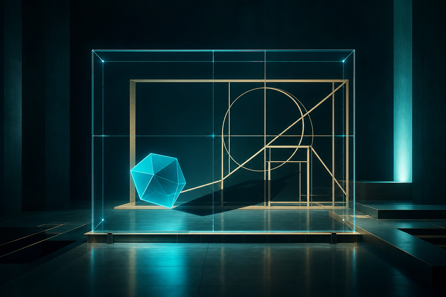 A cyan measuring frame around a cream-gold geometric construction, with a cyan shape casting a misaligned shadow