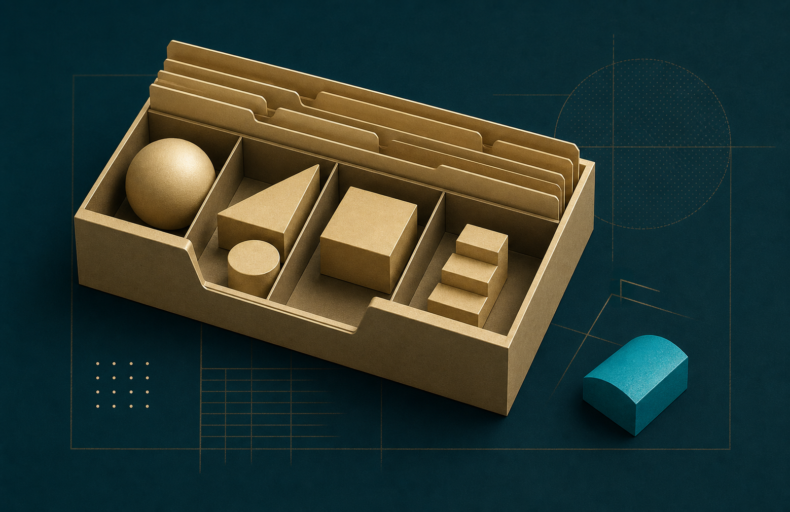 A cream-gold specimen tray containing geometric pieces, with one cyan piece set aside on a dark teal field