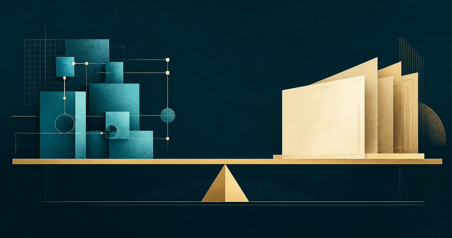 A cyan arrangement of measured blocks and a separate cream-gold stack of blank panels balance on a dark teal field