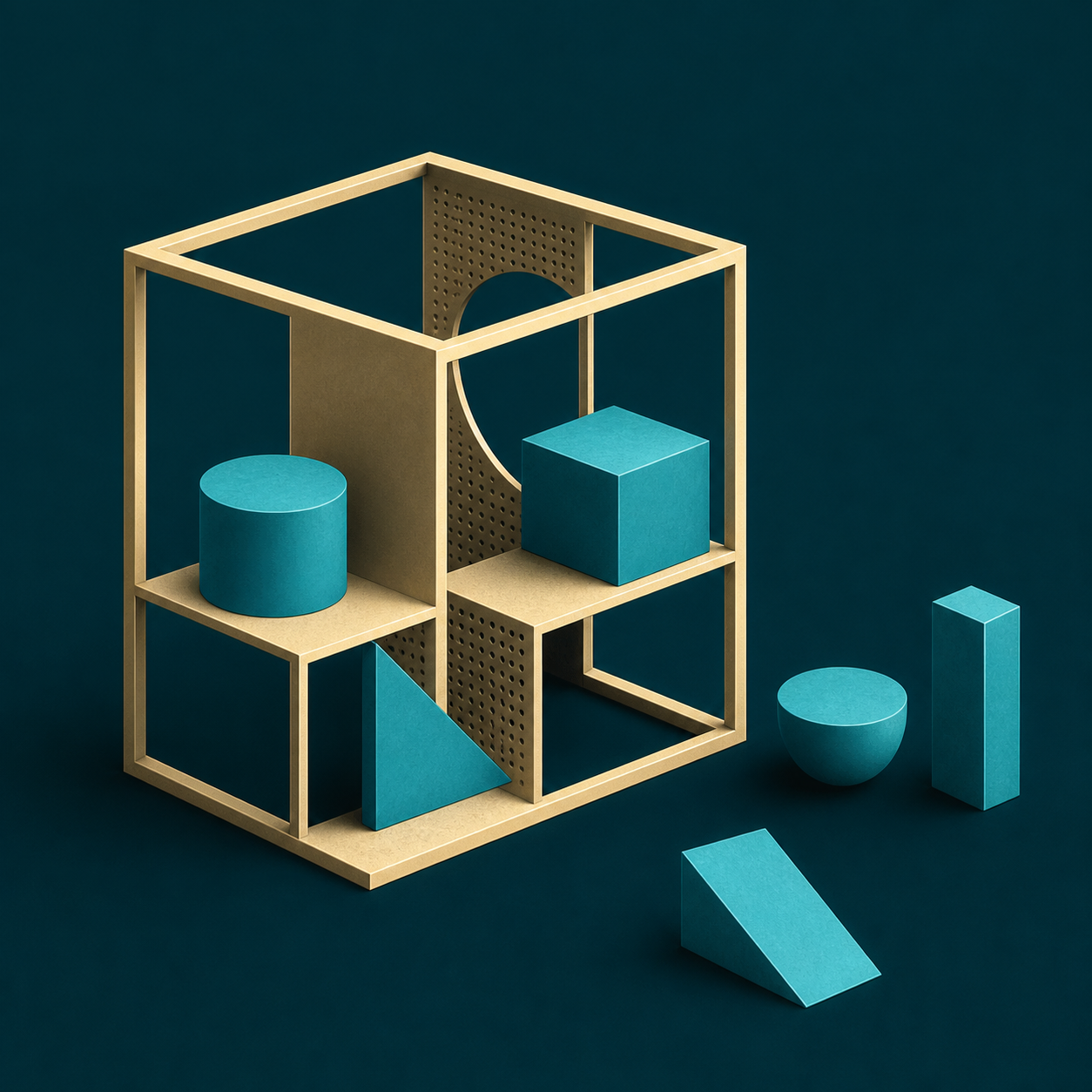 A cream-gold open framework contains several cyan geometric pieces while others remain visibly outside it on a dark teal field