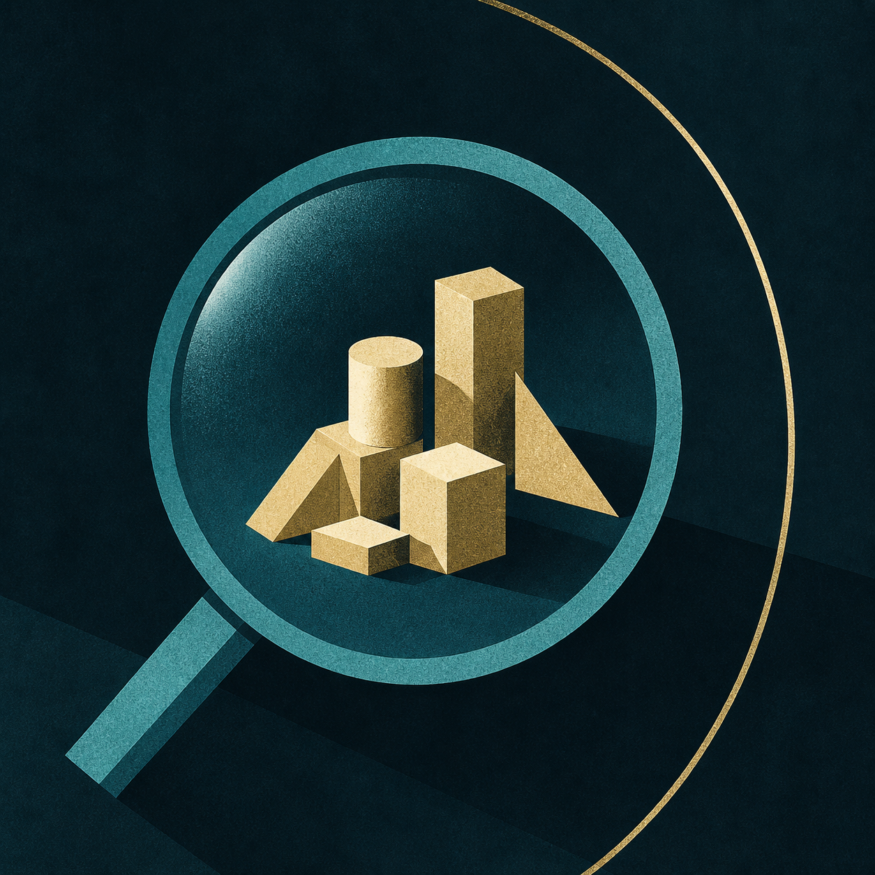 A cyan analytical lens examines cream-gold geometric forms while a separate boundary arc remains visible on a dark teal field