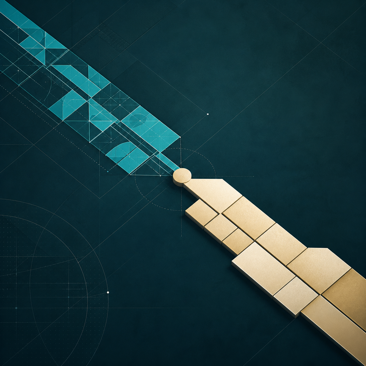 A cyan geometric pattern track and a separate cream-gold track meet at one point then continue apart across a dark teal field