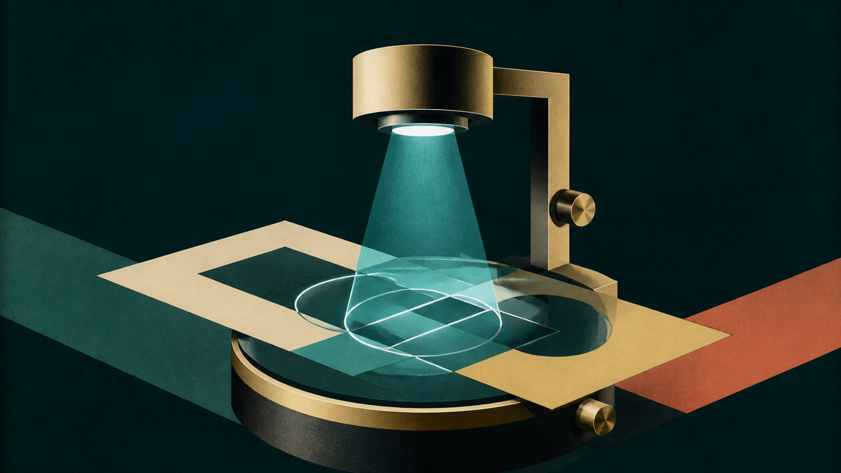 A cream-gold optical comparator casts cyan light across two overlapping geometric sheets on a dark teal field