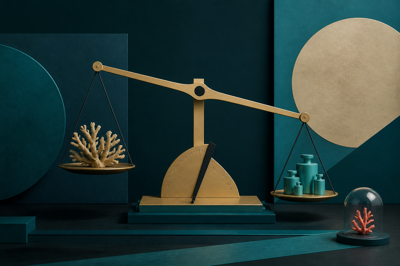 A cream-gold calibration balance holding cyan forms, with a small coral observation kept separate beneath a glass dome