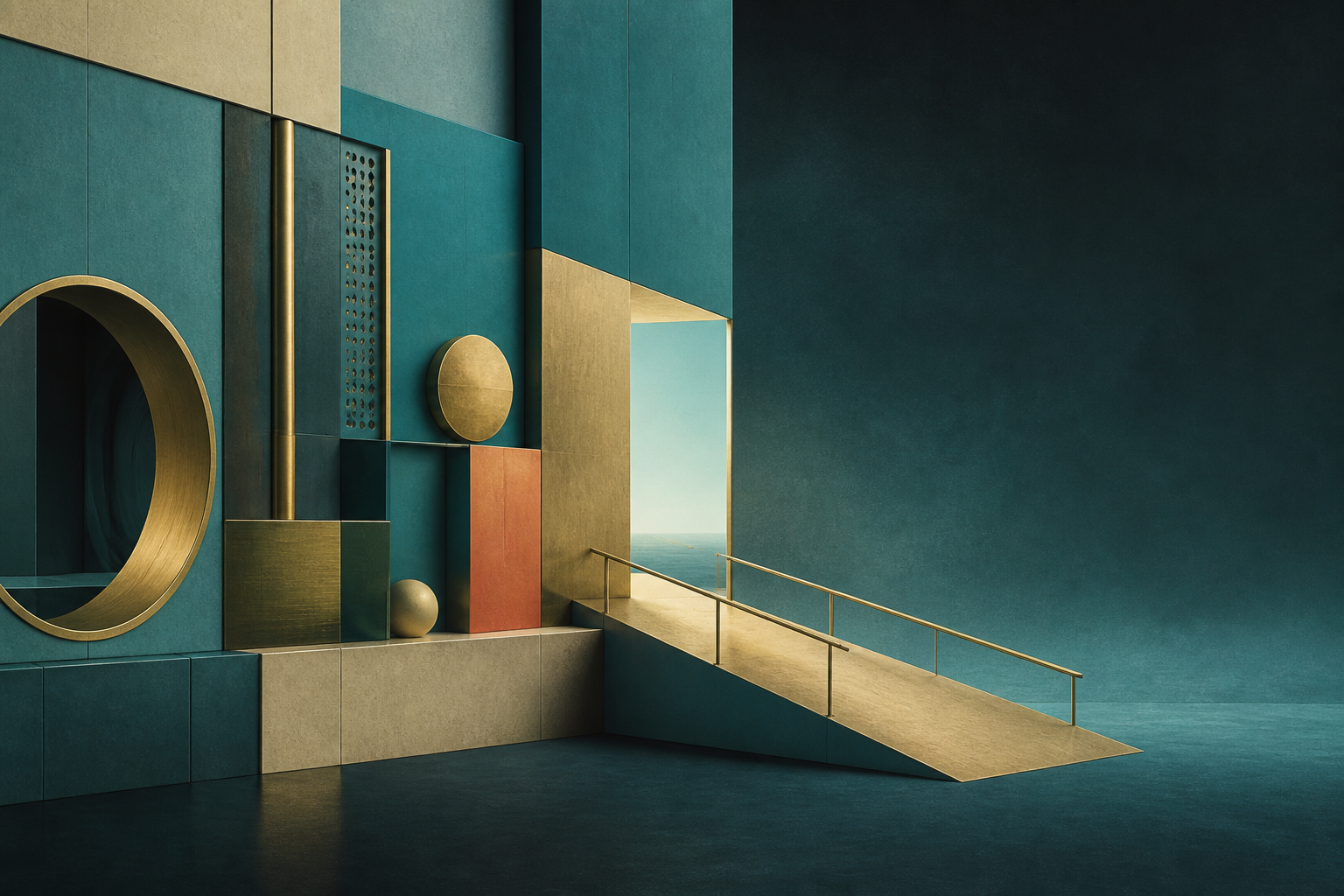 A cream-gold ramp leaves a geometric testing chamber and opens into a spacious dark teal field