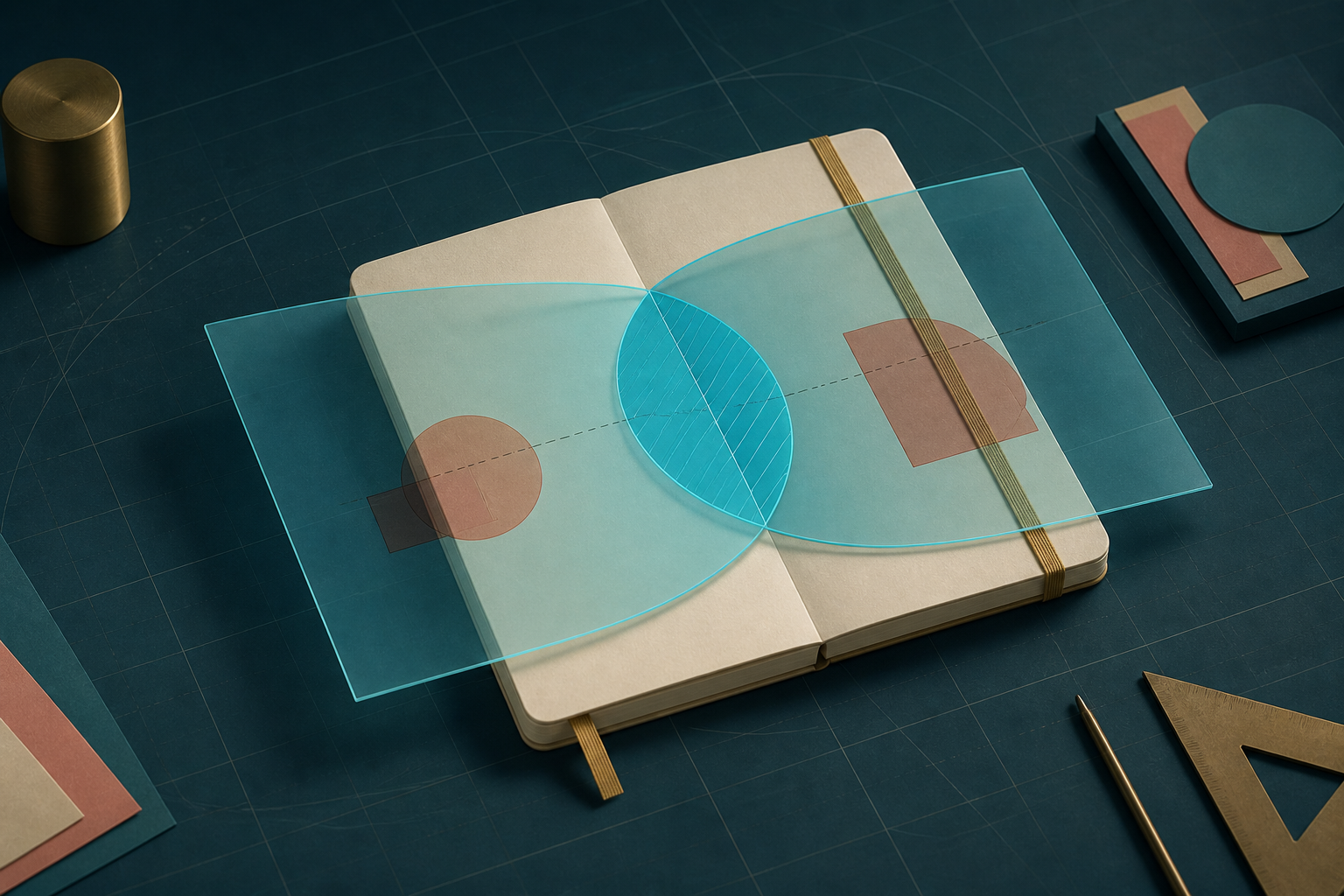 A cream notebook beneath two transparent cyan observation overlays on a dark teal drafting surface