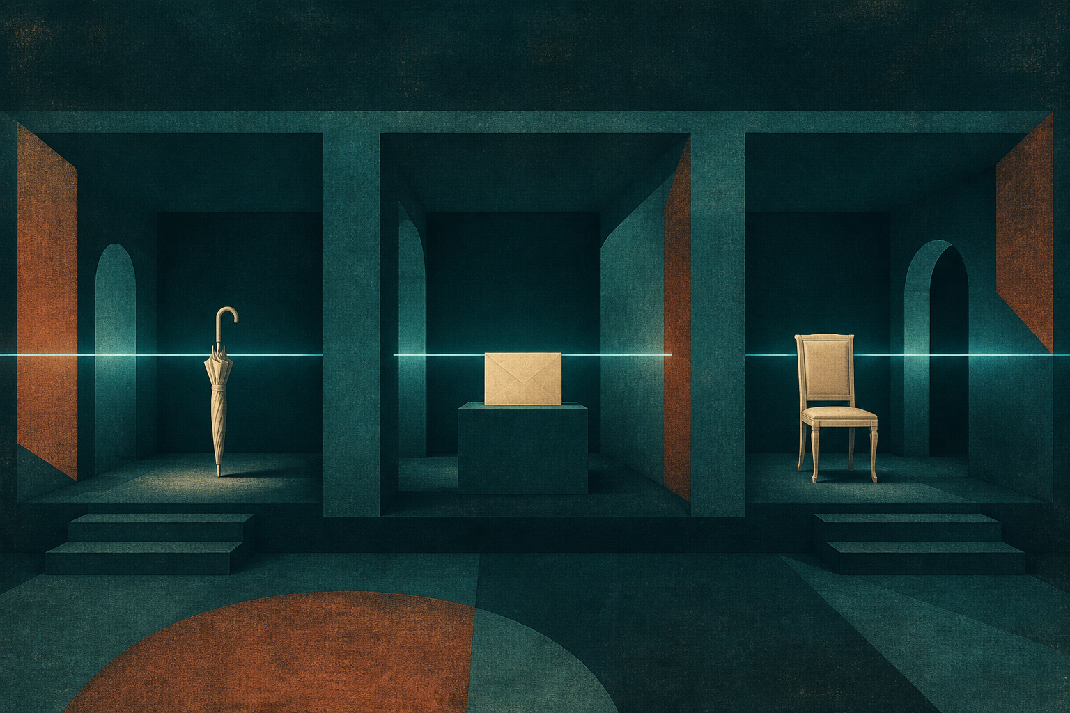 Three quiet rooms joined by a cyan line on a dark teal ground