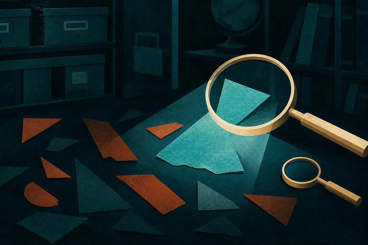 A cream-gold lens exposes only some cyan fragments on a dark teal field