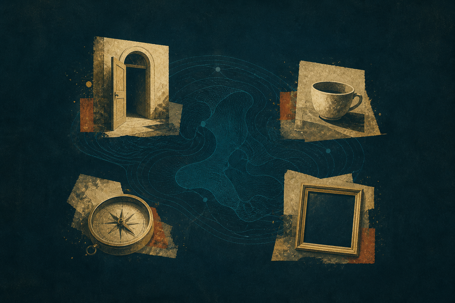 Cream-gold abstract fragments arranged around a cyan directional line on a dark teal ground