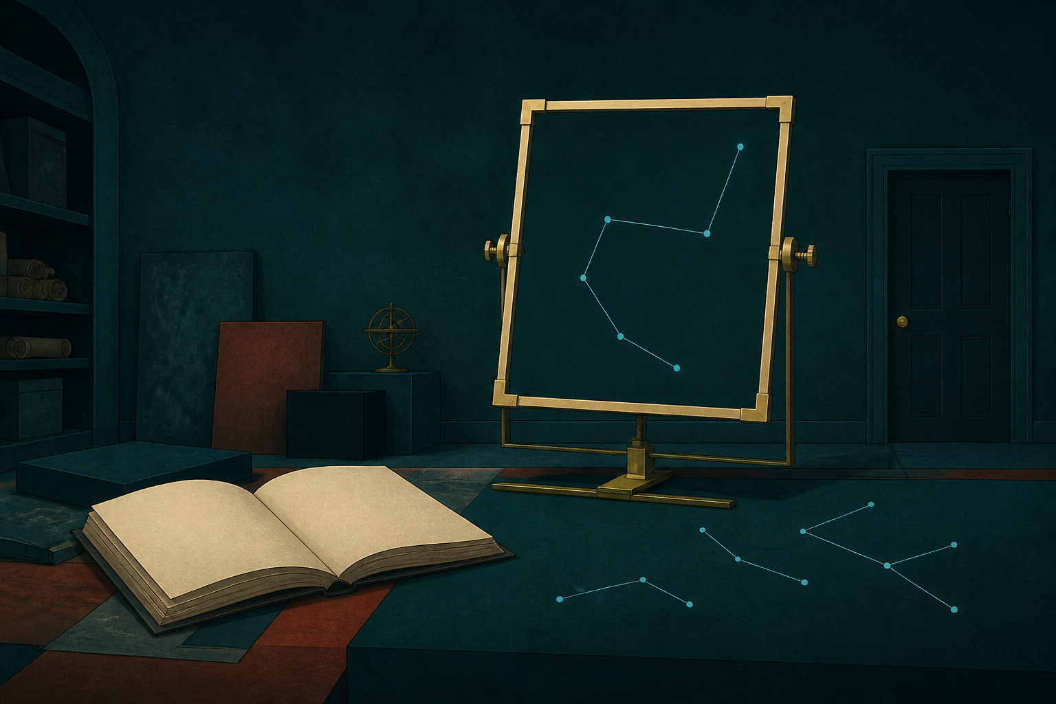 An incomplete cream-gold constellation of forms joined by cyan lines on dark teal
