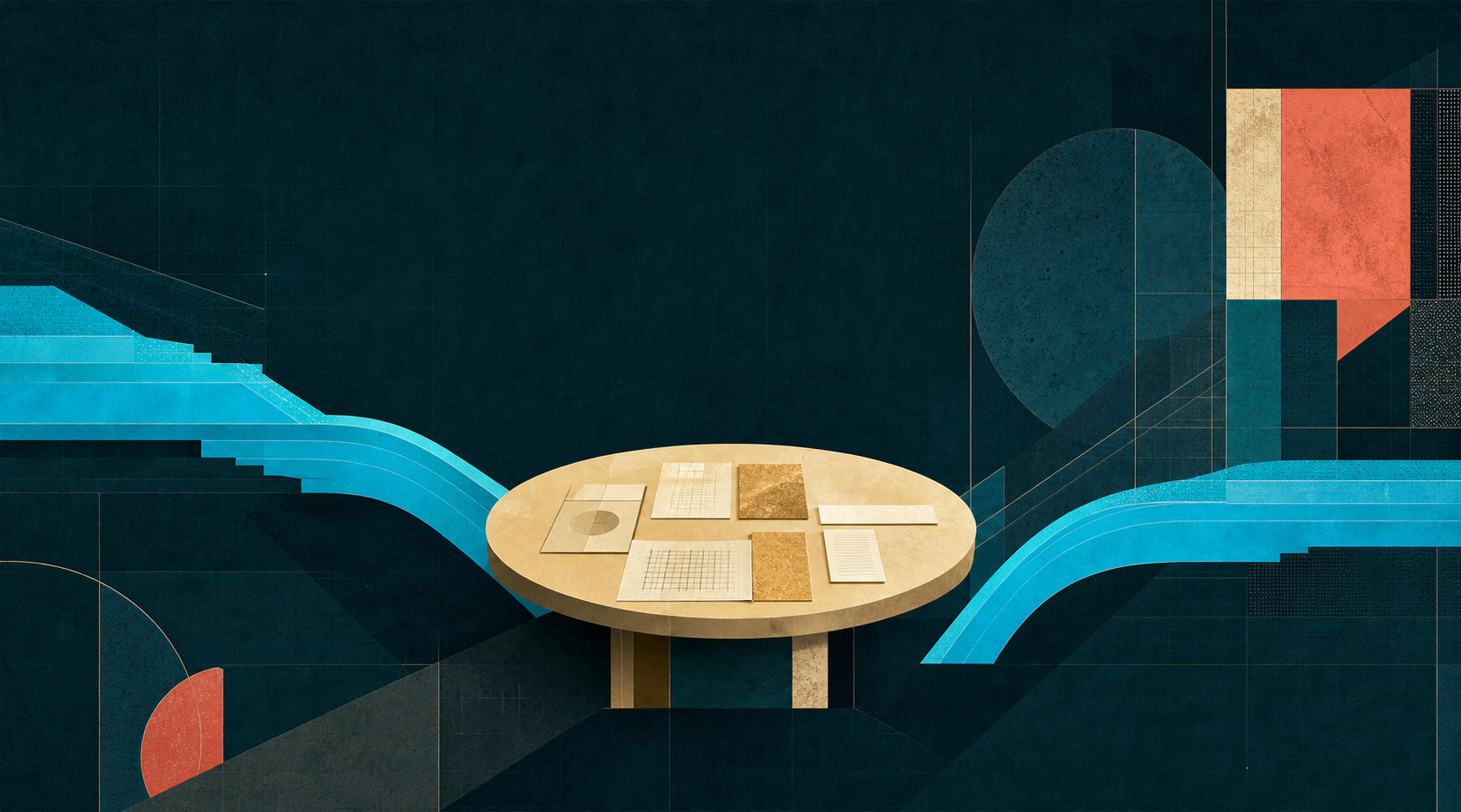 Two cyan paths approaching a shared cream-gold evidence table in a dark teal room