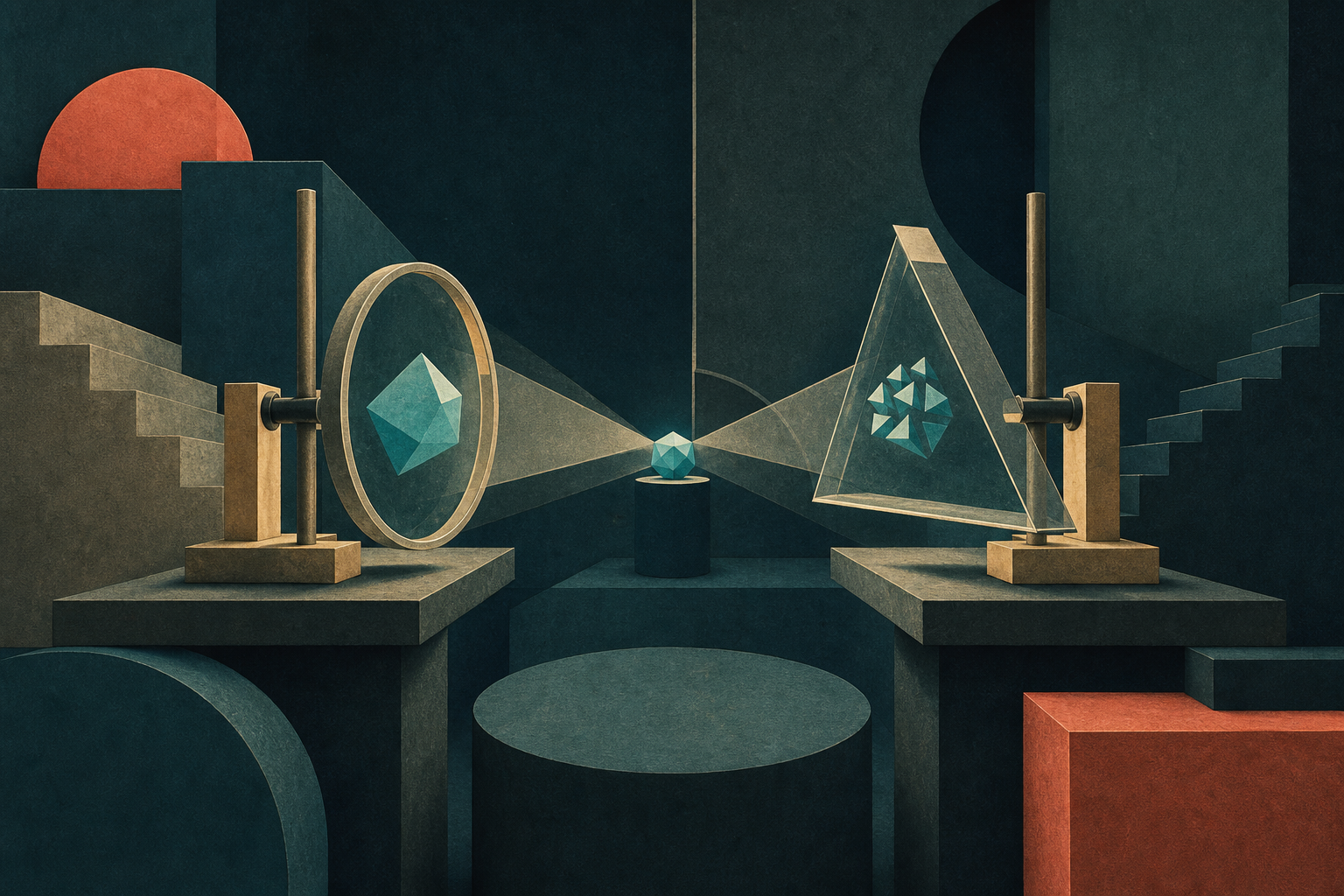 Two different geometric lenses examining one small cyan object from opposite sides
