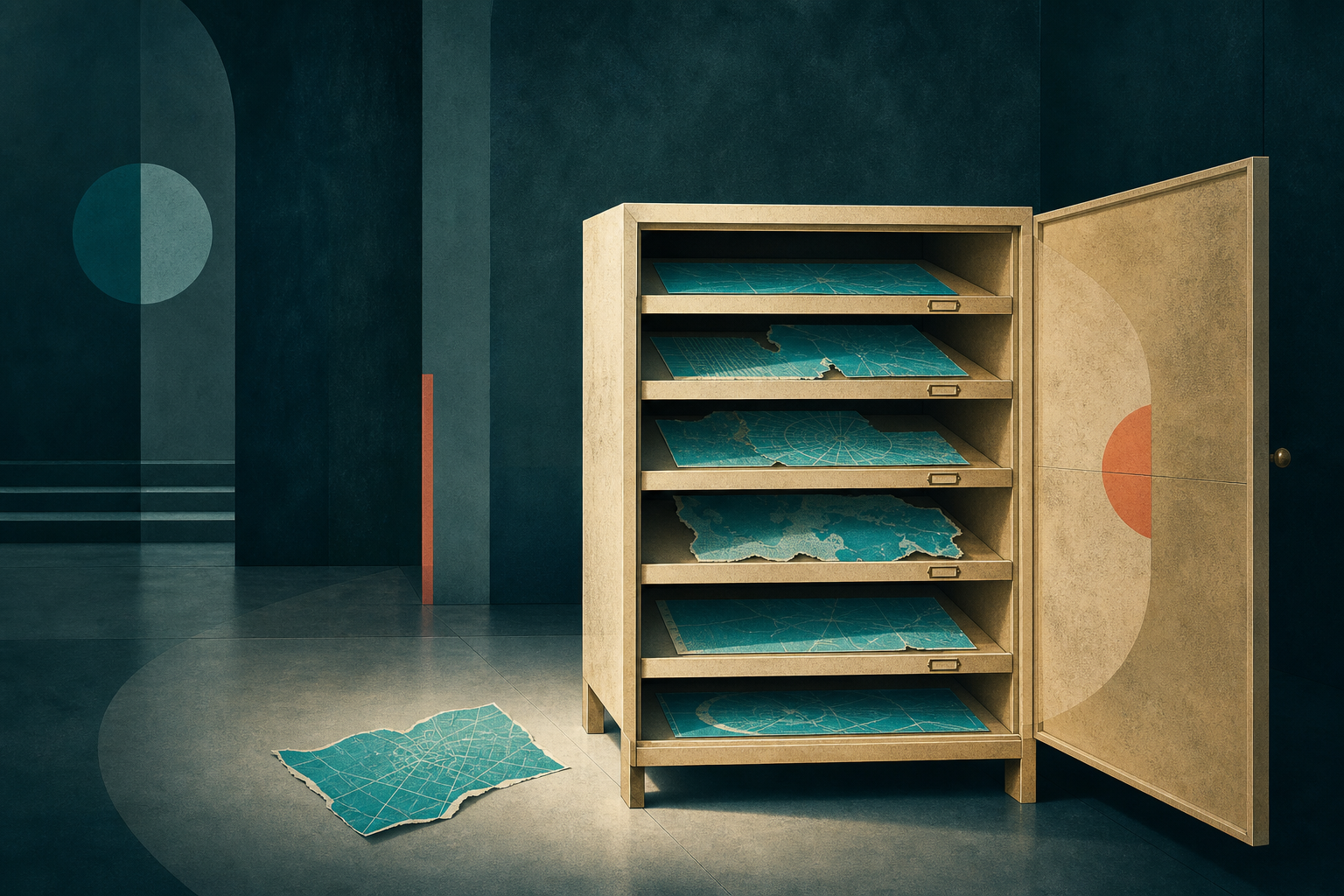 An open cream-gold archive cabinet of cyan map fragments, with one map fragment outside in a pool of light