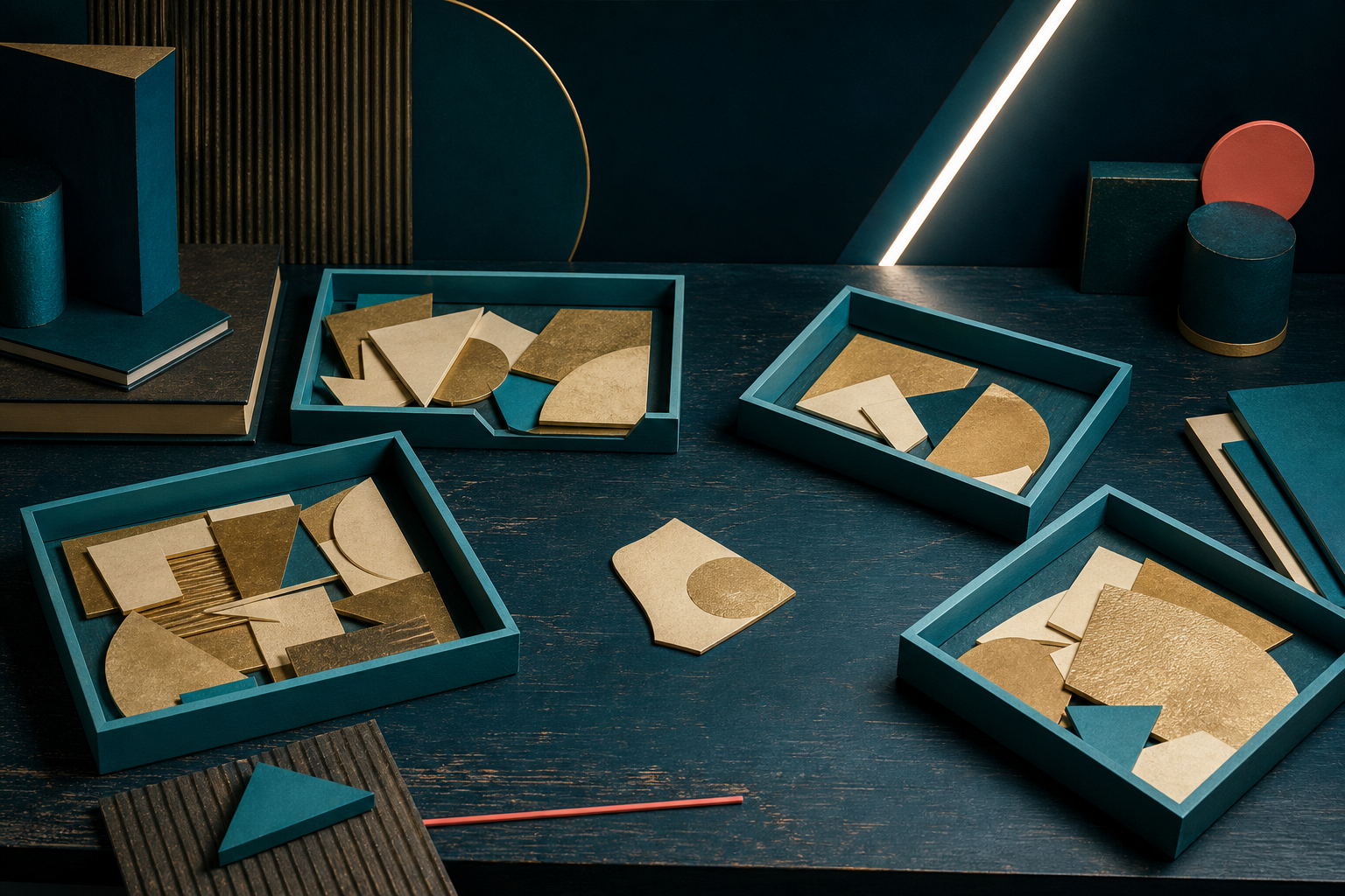 Cream-gold evidence fragments sorted into open cyan trays with one fragment left in the middle