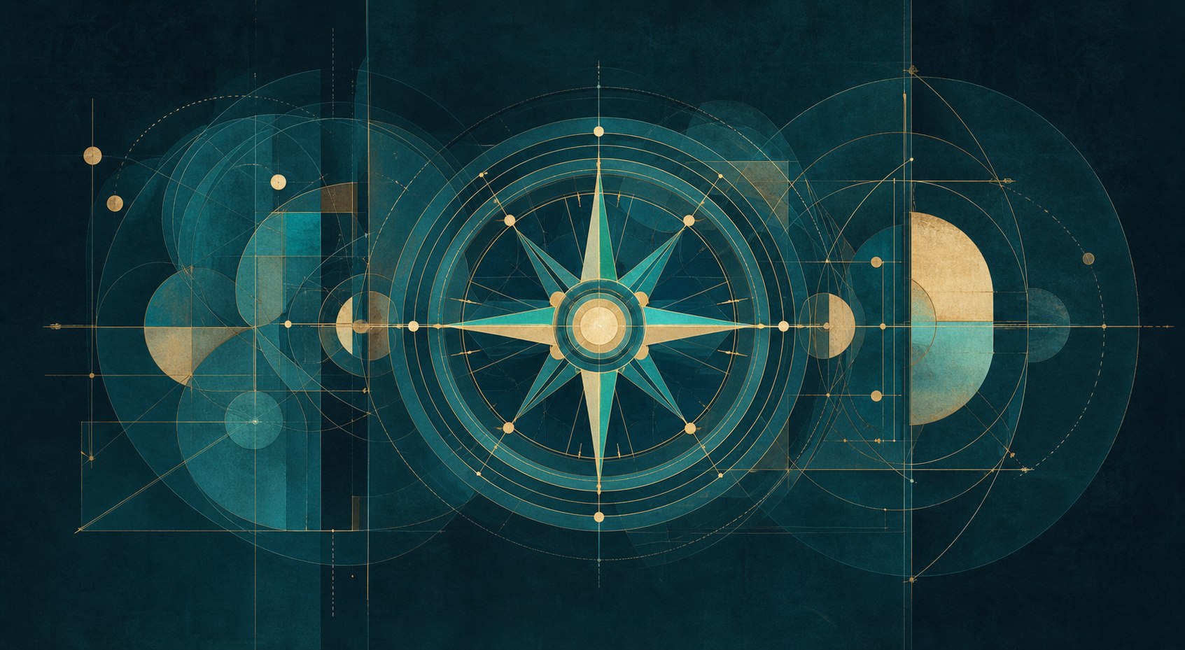 Overlapping geometric maps resolving into a calm cyan and cream-gold compass-like centre