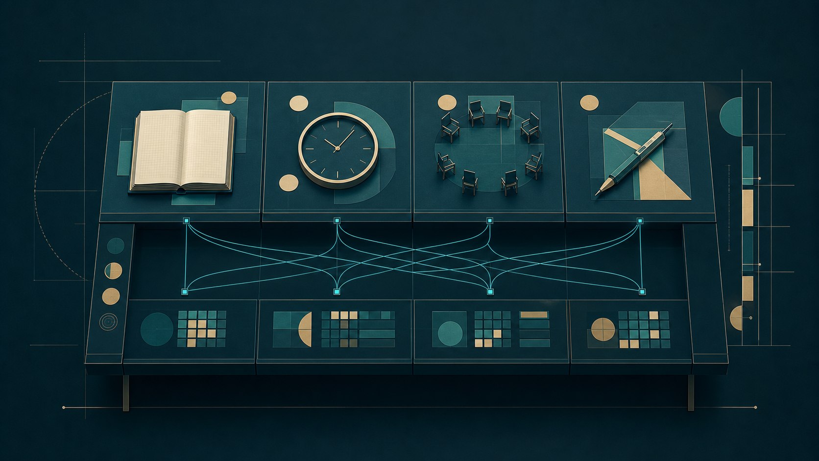 A dark teal evidence table connecting an open book, clock, empty social chairs, and work tools