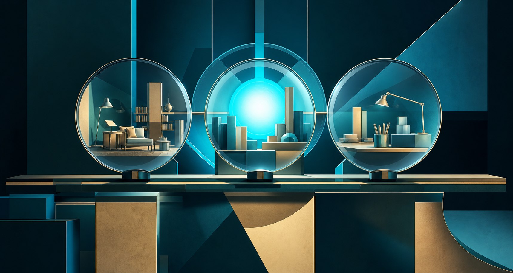 Three transparent lenses showing home, social, and work settings around a cyan centre