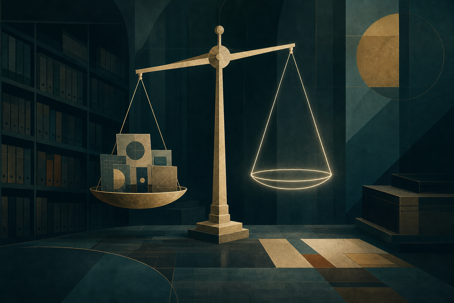 A cream-gold balance scale in a dark teal archive, with evidence tiles on one side and a luminous empty outline on the other