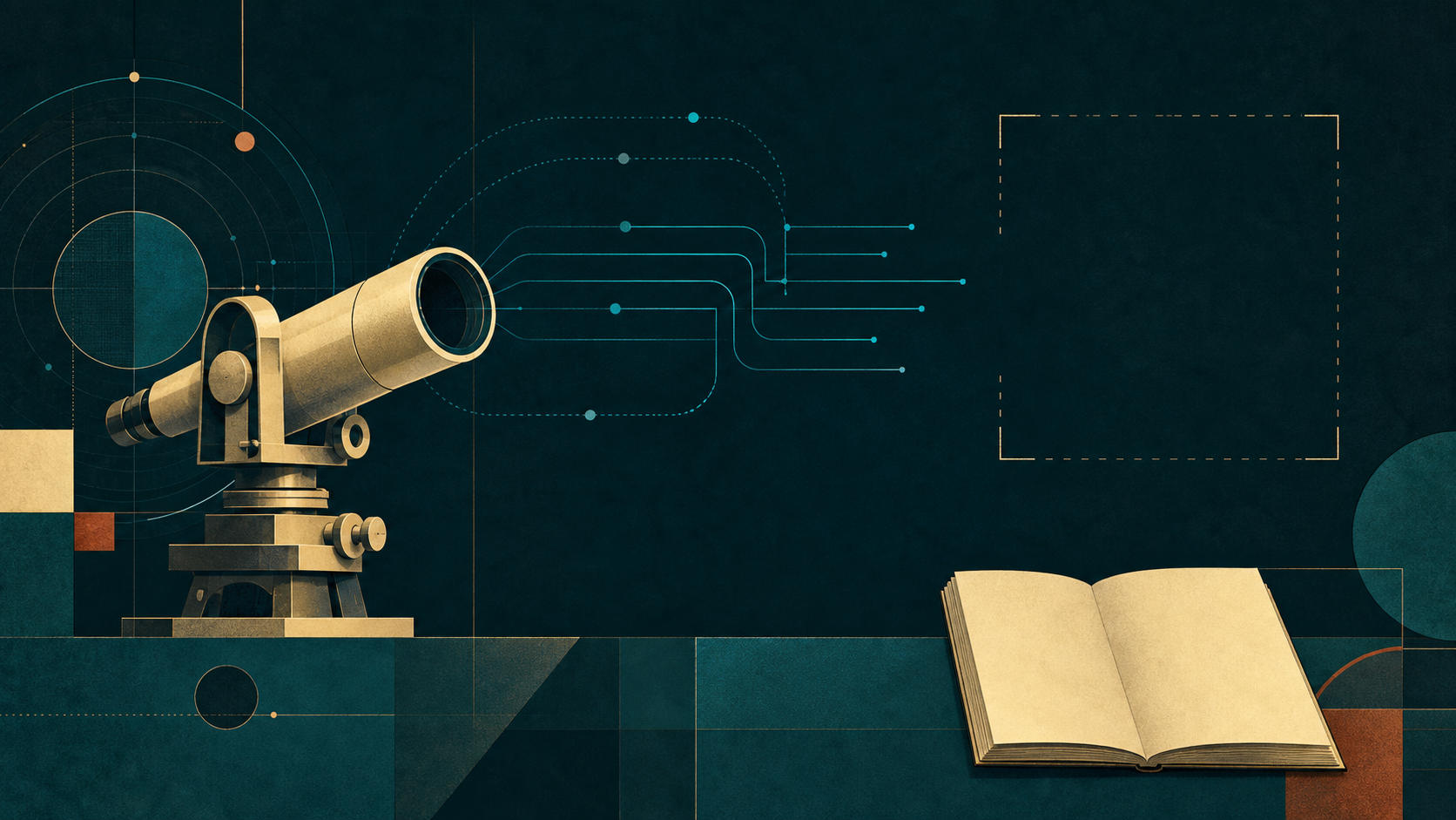 A cream-gold observation instrument and blank open book beside cyan paths that stop before an empty outlined field