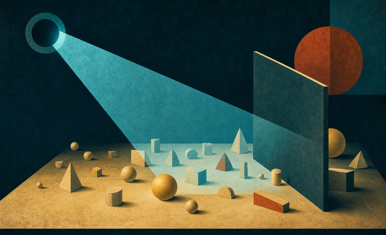 A cyan observation beam crossing cream-gold geometric objects, with some objects partially hidden behind a dark teal screen