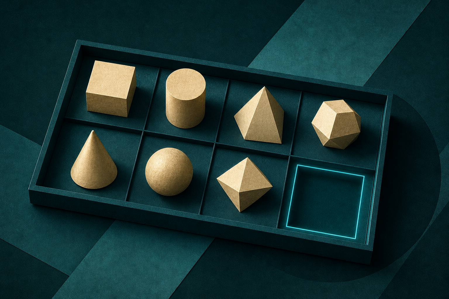 A dark teal tray containing cream-gold geometric objects and one luminous empty slot